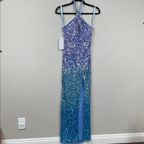 NWT Mac Duggal 6080 Sample Sequin Ombre Purple Blue Maxi Halter Dress Sz 2 - Picture 2 of 13